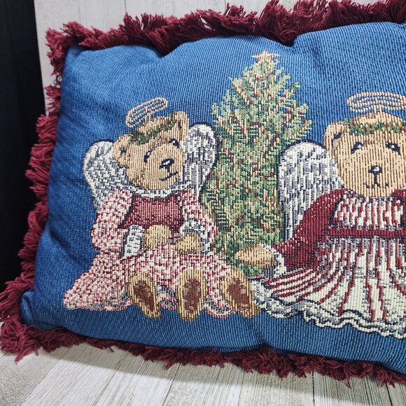 Rectangular Angel Bears & Christmas Tree Design Pillow 10 x 12 Decorative - Picture 2 of 7